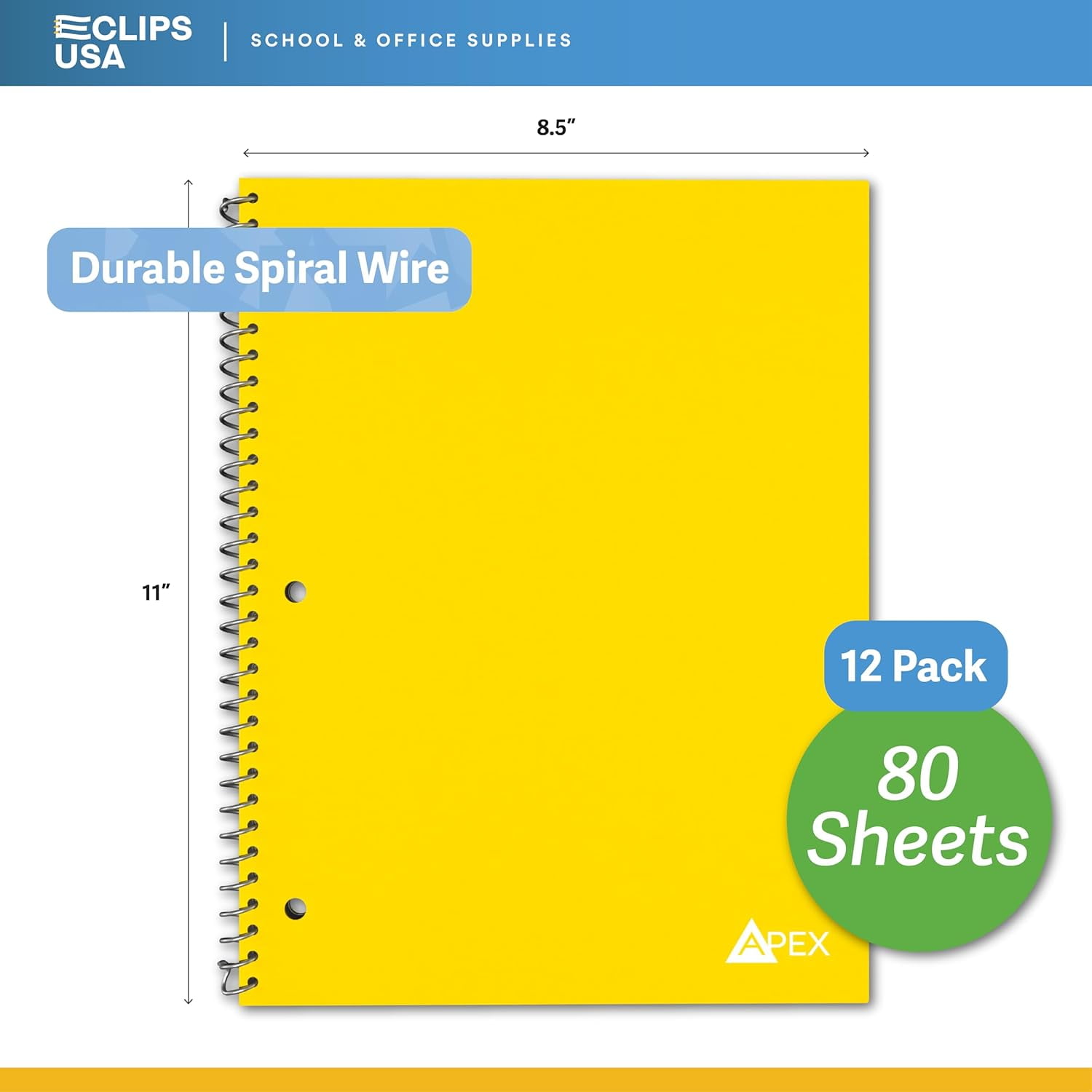 E-Clips USA 80-Sheet College-Ruled Spiral Notebook with 2-Pocket Divider, 12-Pack