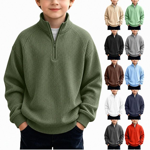 HAOTAGS Boys Stand Collar Pullover (3-14) Solid color Half Zip Casual Long Sleeve Winter Sweatshirts Beige Size 5T