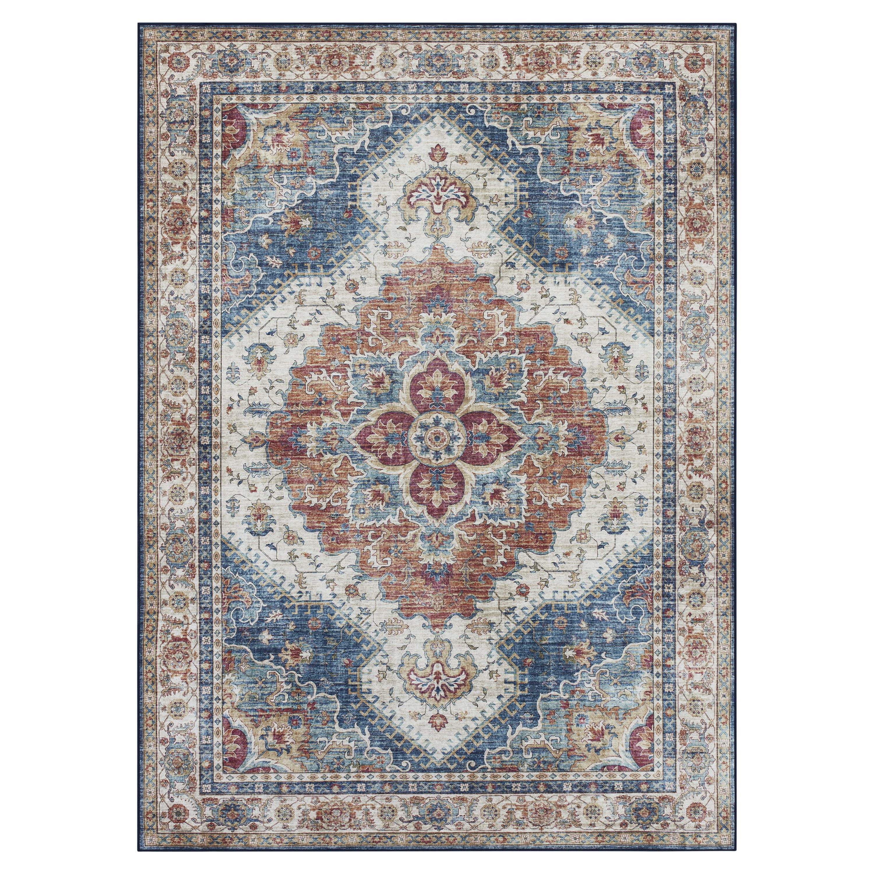 Blue Multi Medallion Skid- Resistant Area Rug, 5' x 7'