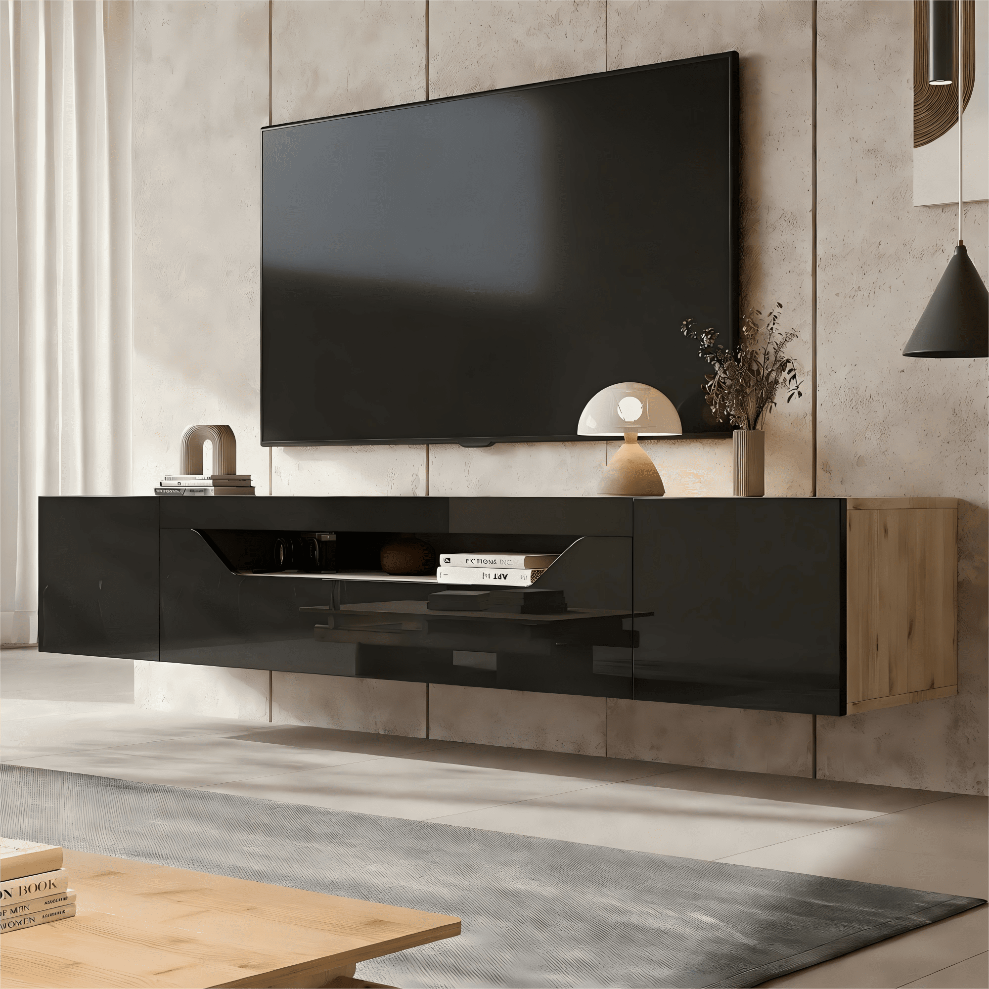 Homy Casa meuble TV flottant 64,9 po pour téléviseurs jusqu’à 65 po, console murale avec DEL par appli, noir lustré et chêne