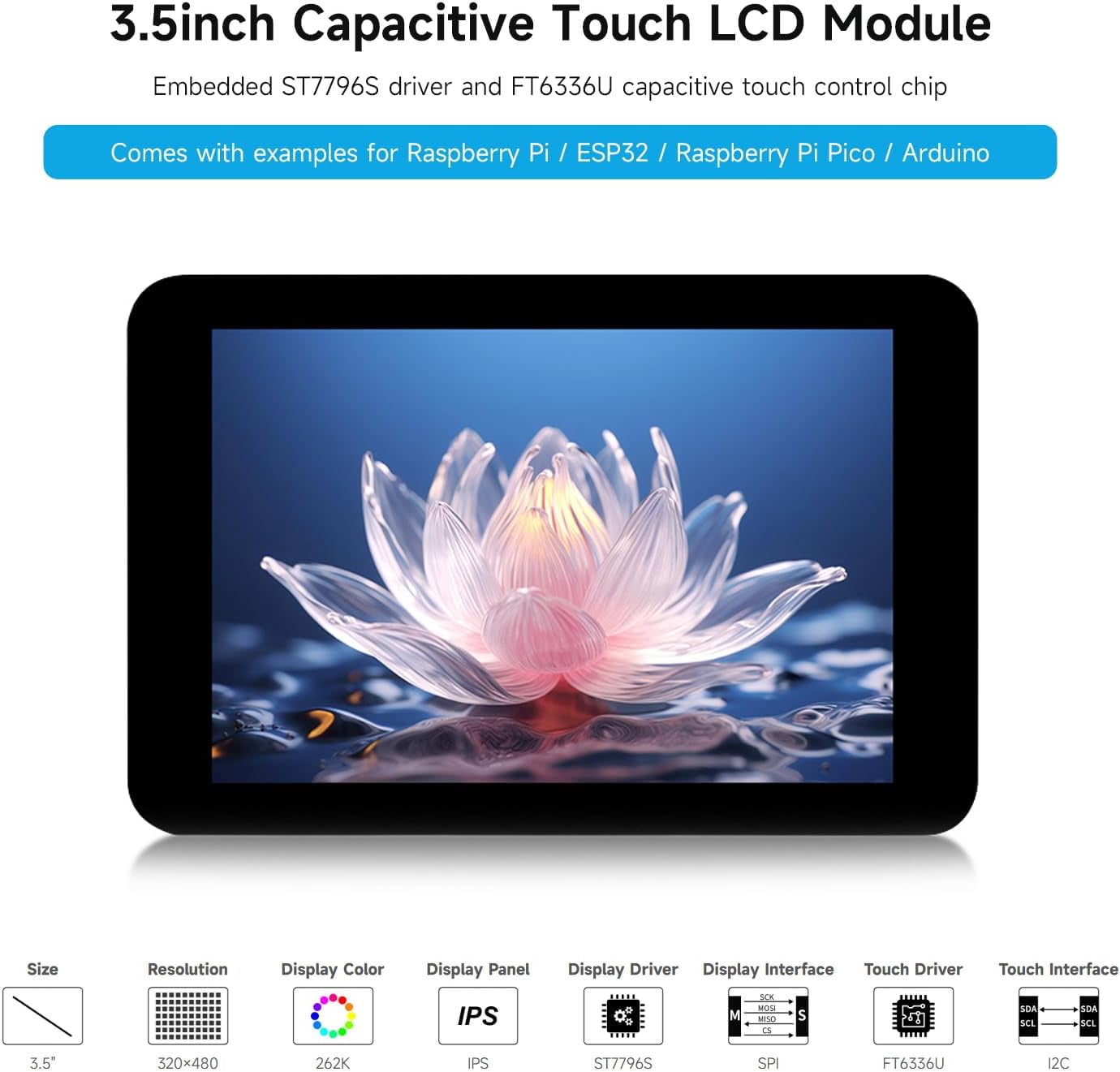 3.5inch Capacitive Touch Display Module, Compatible with 5/4B/3B/Zero/Zero W/Zero 2W/Pico W/WH/ ESP32 / Arduino,320×480 Resolution, IPS Display