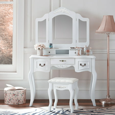 Zimtown Tri Folding White Vanity Makeup Dressing Table Set w/Stool 5 Drawer & Mirror Wood Desk,White