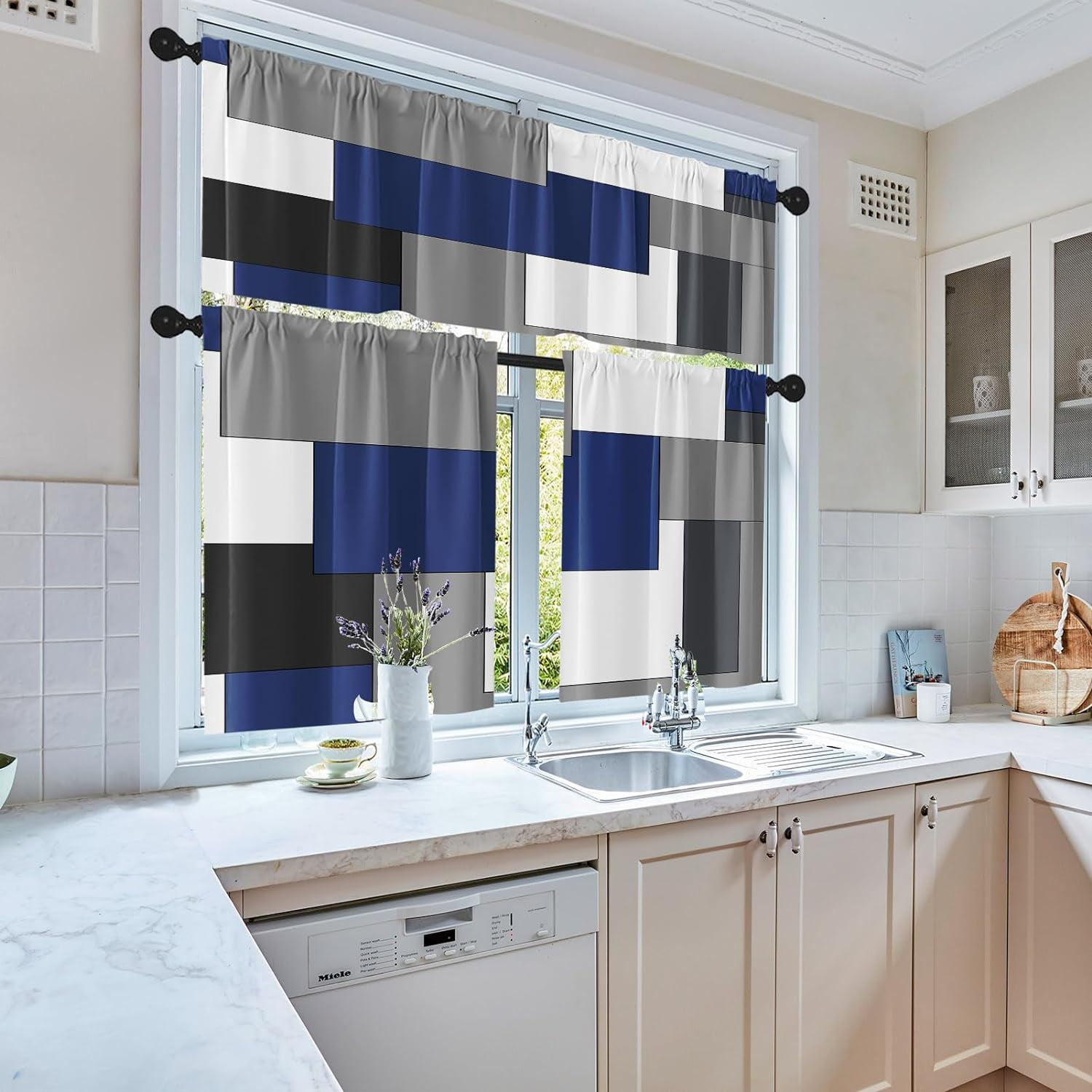 Navy Blue Geometric Kitchen Curtains Checkered Window Curtains Valance and Tier Set 36 Inch, Black Grey White Short Tier Curtain for Kitchen, Modern Abstract Small Kitchen Decor