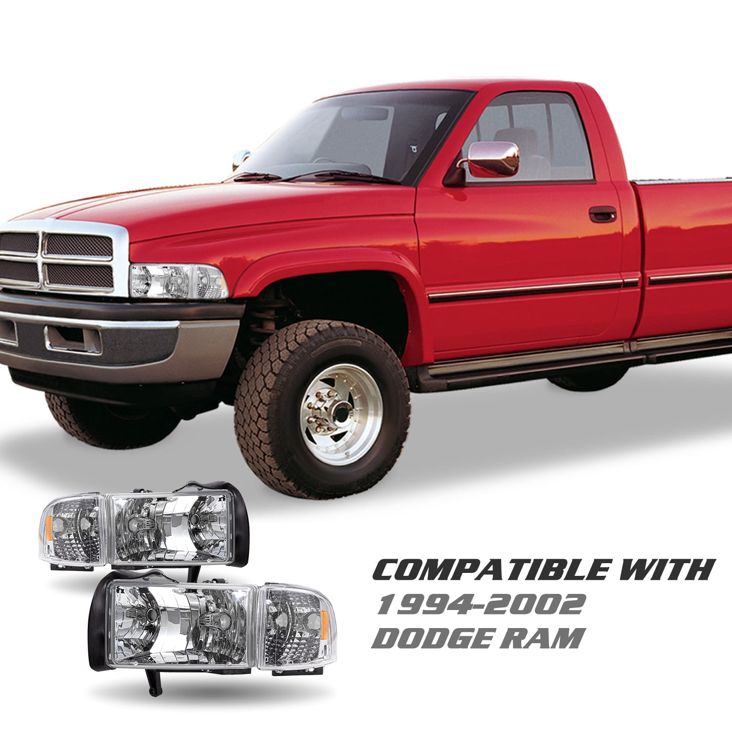 Pair For 1994-2002 Dodge Ram 1500/94-02 2500 3500 Headlights Chrome Headlamp