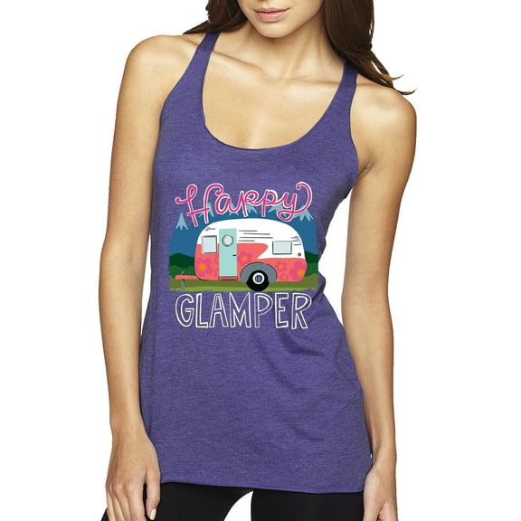 Happy Glamper | Fancy Camping Camper Van Caravan | Nature Lover Tri-Blend Racerback Sleeveless Top, Purple Rush, XL