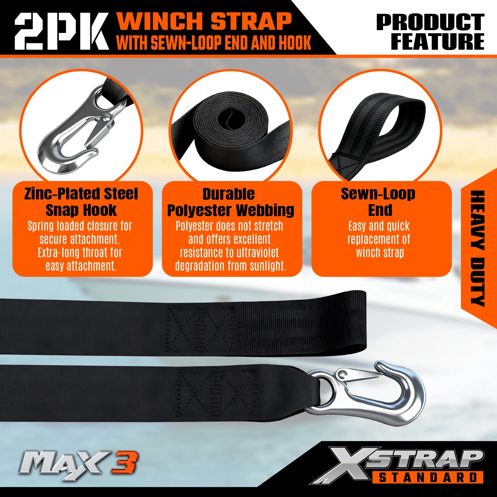 XSTRAP 2 pk 2" x 20' Boat Winch Strap with Hook