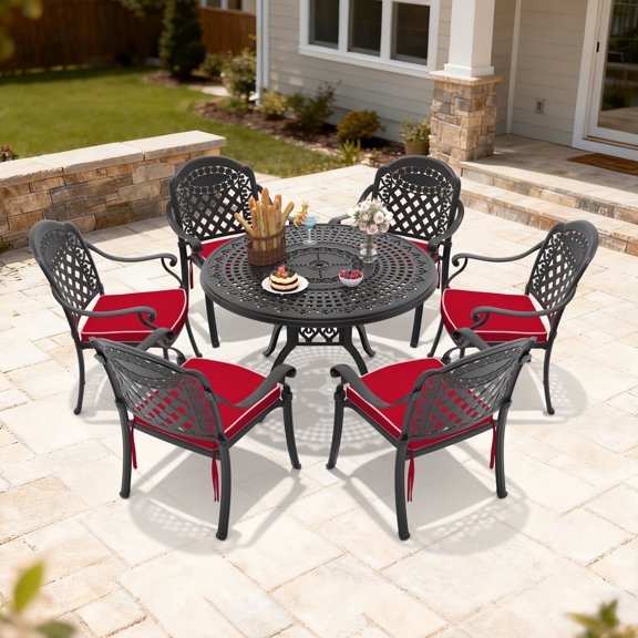 Hzzkey 7-Piece Outdoor 47.24" Round Dining Set with Umbrella Hole, 6 Stackable Cushioned Chairs, Red & Black