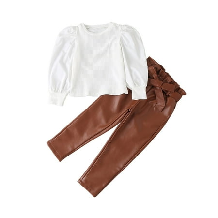 

Binhe Toddler Versatile Set Toddlers Kids Girls Puffed Sleeve White Top Straight Leg PU Leather Pants Outfits and Easy to Care for Machine Wash