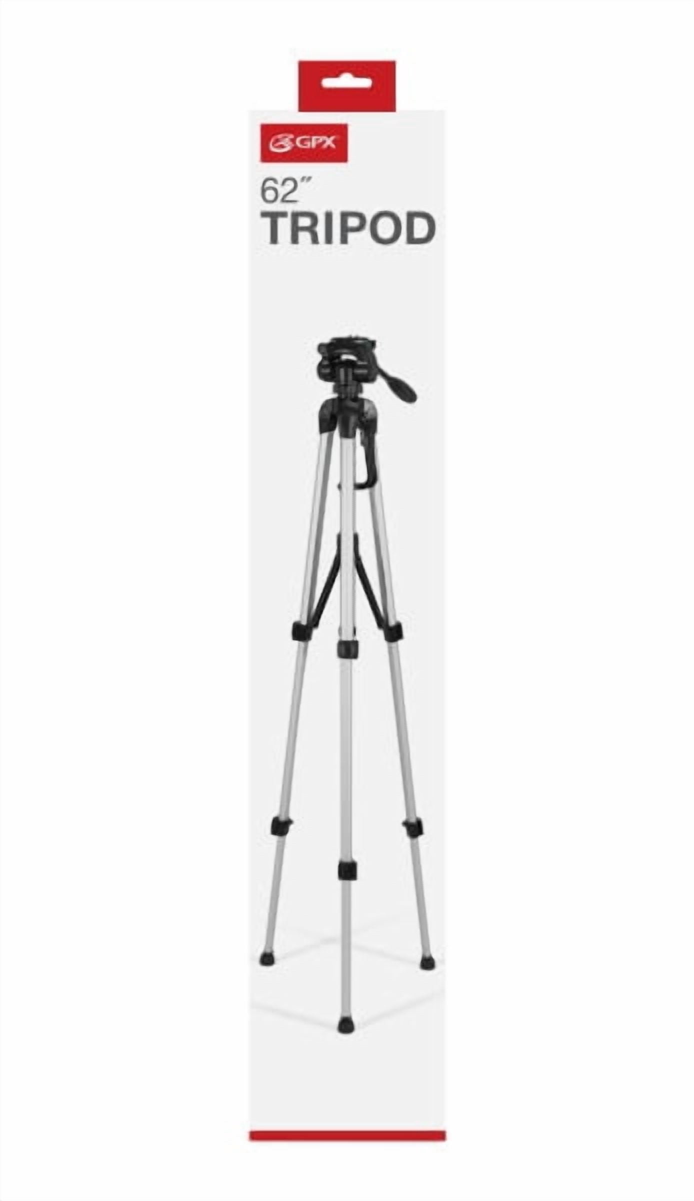 GPX 62 inch Tripod with Pan/Tilt, Quick Release and Slip Resistant feet, TPD627S, Silver