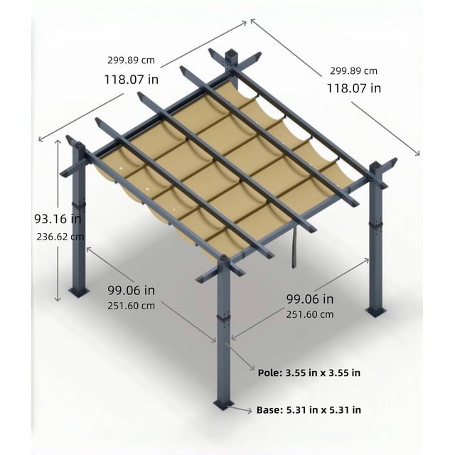 Pergola Moderne en Aluminium avec Auvent Rétractable Imperméable – Pavillon de Terrasse Extérieur, Abri Pare-Soleil Robuste, Résistant aux Intempéries, pour Jardin, Cour Arrière, Terrasse – Colonne Grise, Rideau Kaki, 10x10 Pi