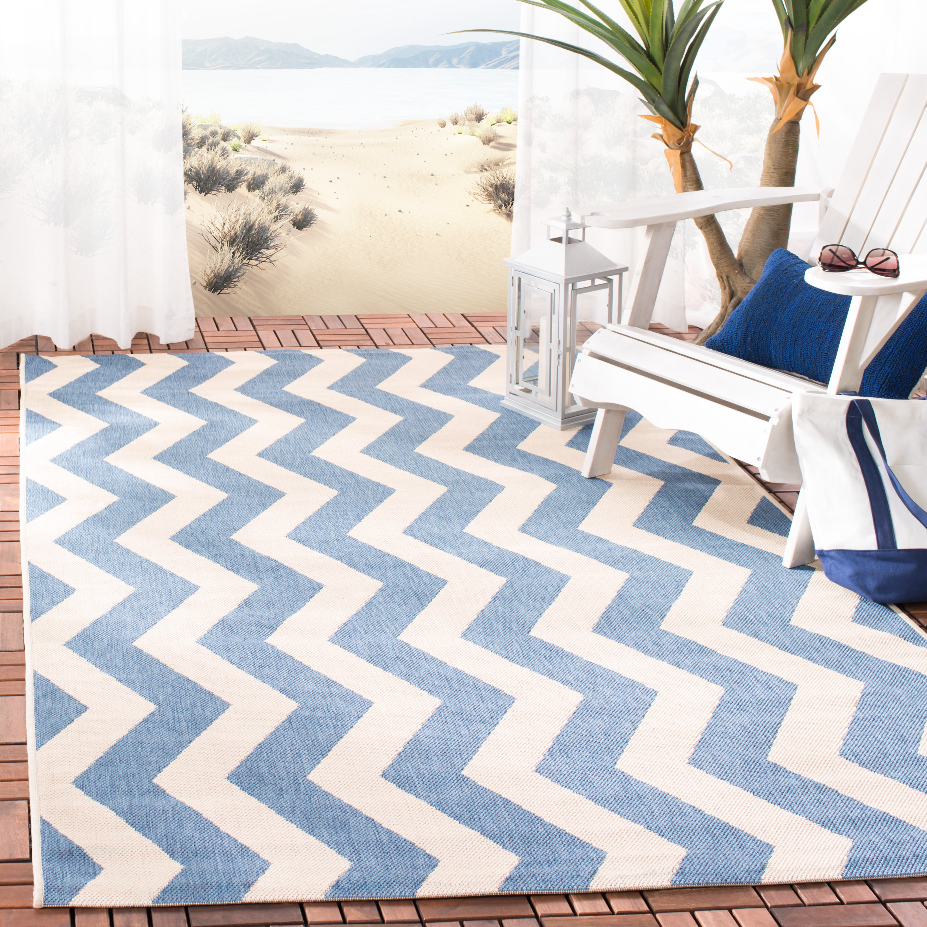 Safavieh Courtyard Ayden Chevron Indoor/Outdoor Area Rug, Blue/Beige, 5'3" x 5'3" Square