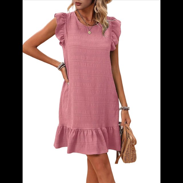 Vestidos de Verano para Mujer, Cuello Redondo, Corta, Dobladillo con Volantes, Vestido Mini Informal, Rosa, Talla M