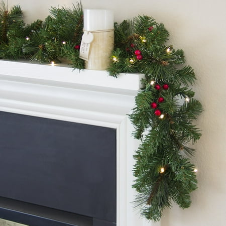 Lit Garland For Mantle Best Choice Products 9-Foot Pre-Lit Cordless Artificial Christmas Garland with 50 LED Lights, Silver Bristles, Pine Cones, Berries, Green ()