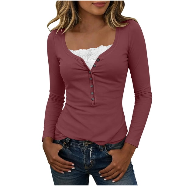 Mujeres Básicas Manga Larga Tops Encaje Patchwork de Punto Blusa, Slim Fit Cuello U Base Camisa para Primavera Invierno