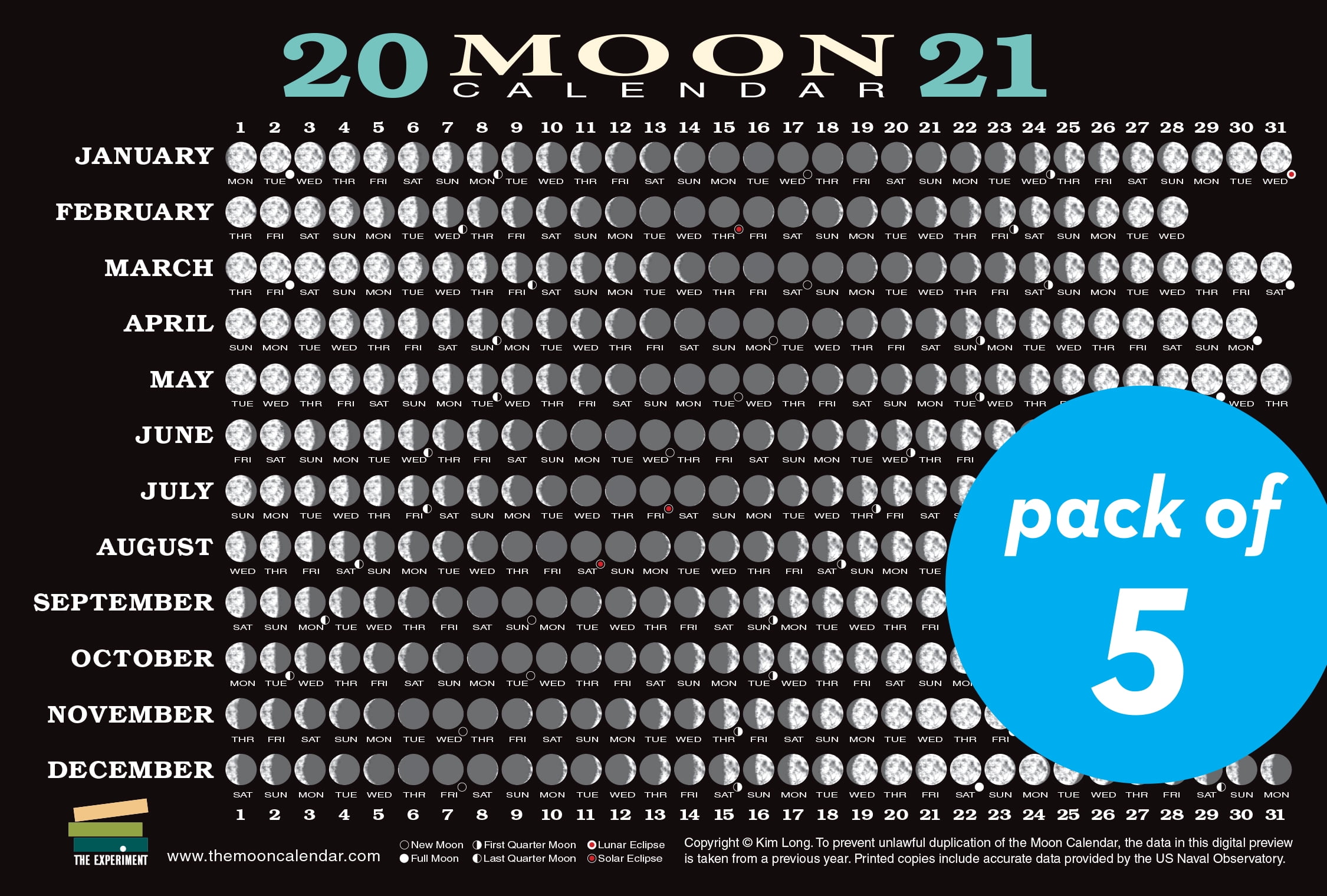 2021 Moon Calendar Card (5 pack) Lunar Phases, Eclipses, and More