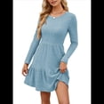 thumbnail image 1 of Vestido Corto Informal de Otoño de Larga para Mujer, de Punto Acanalado, Cuello Redondo, Fluido, Corte A, con Bolsillos Azul S, 1 of 8