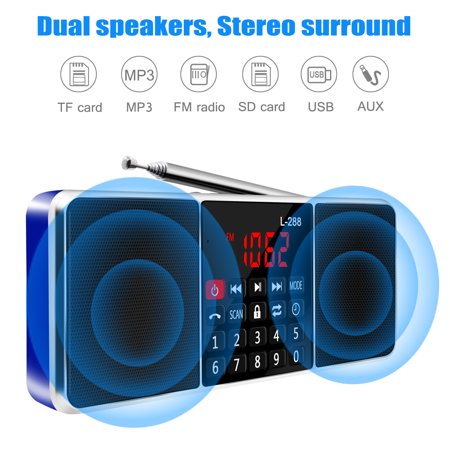L-288 Portable Digital Stereo Dual Media Speaker AM FM Headset Radio Clock with Alarm Cell Phone USB Charger MP3 Music Player TF/USB Disk LCD Display 800MAH Rechargeable