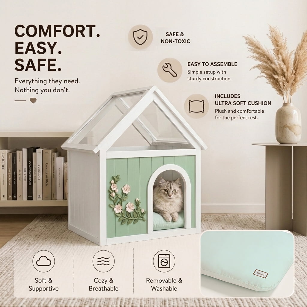 EcoLux FSC-Certified Solid Cedar Indoor Pet House – Acrylic Gabled Roof, Floral Carved Cat Furniture, Luxury Dog House Indoor for Small Dogs & Cats