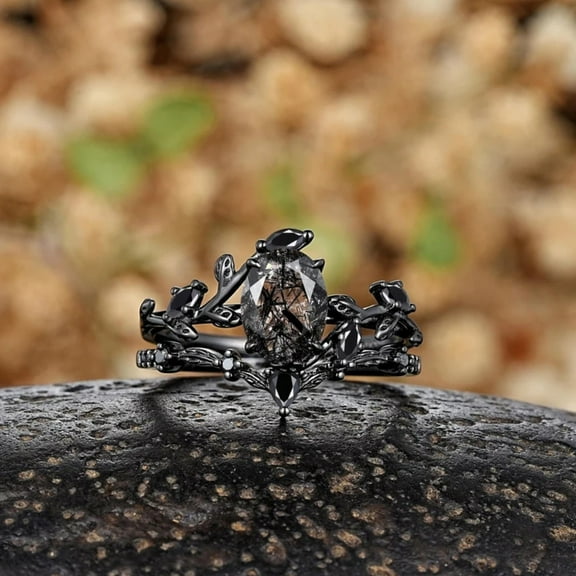 Oval Black Rutilated Quartz Wedding Ring Set- 14K Black Gold Vermeil- Diamond Bridal Ring Natural Inspired Leaf Stacking Promise Rings For Women