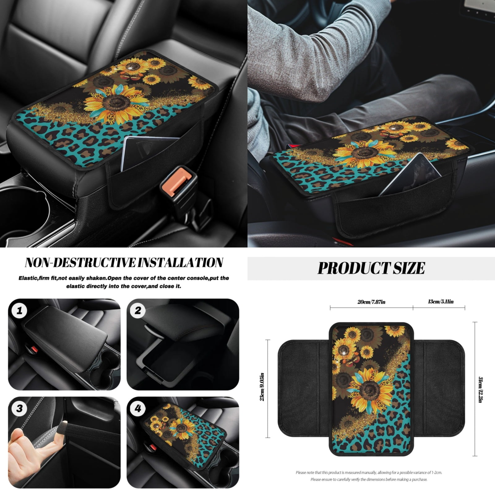 Jeiento Sunflower Car Seat Covers Front Rear Full Set Steering Wheel Cover Seat Belt Pads Coasters Waste Bin Leopard Print Armrest Cover Cup Holders Rearview Mirror Cover Handbrake Cover Set, 14 PCS