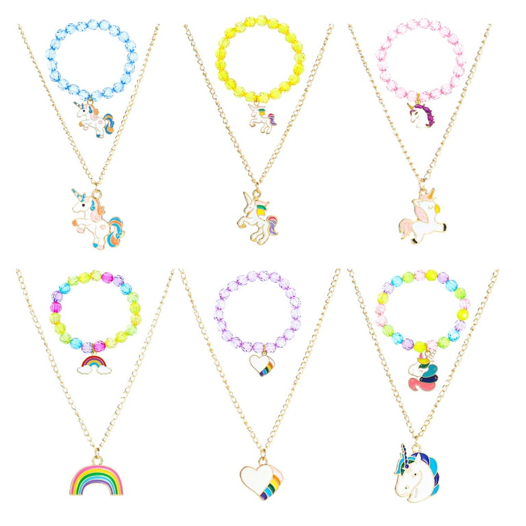 Girls Play Necklace and Bracelets Ring Hair Clips Toddler Unicorn Jewelry  Kids Little Girls Unicorn Necklace Set Charm Rainbow Unicorn Pendants Party