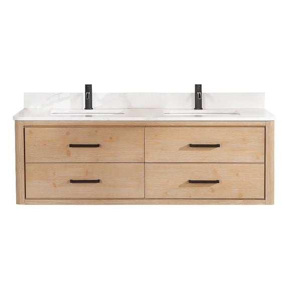 Pemberly Row 60"W Wood Brown Double Bath Vanity w/ Fish Maw White Quartz Stone