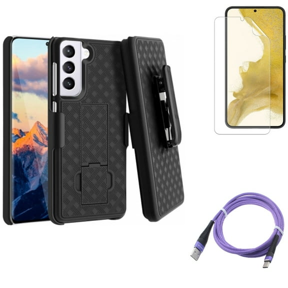 For Samsung Galaxy S21 (6.2") - Type-C Purple 6ft USB Cable   Anti-Glare TPU Film Matte Screen Protector   Swivel Holster Case Belt Clip