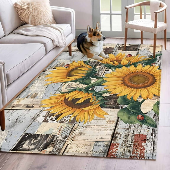 Sunflowers Area Rug 3x5 Washable Rug Non Slip Country Vintage Botanical Flowers Newspaper Large Area Rug Indoor Floor Carpet for Entryway Bedroom Kitchen Living Room Home Office Dining Room Nursery