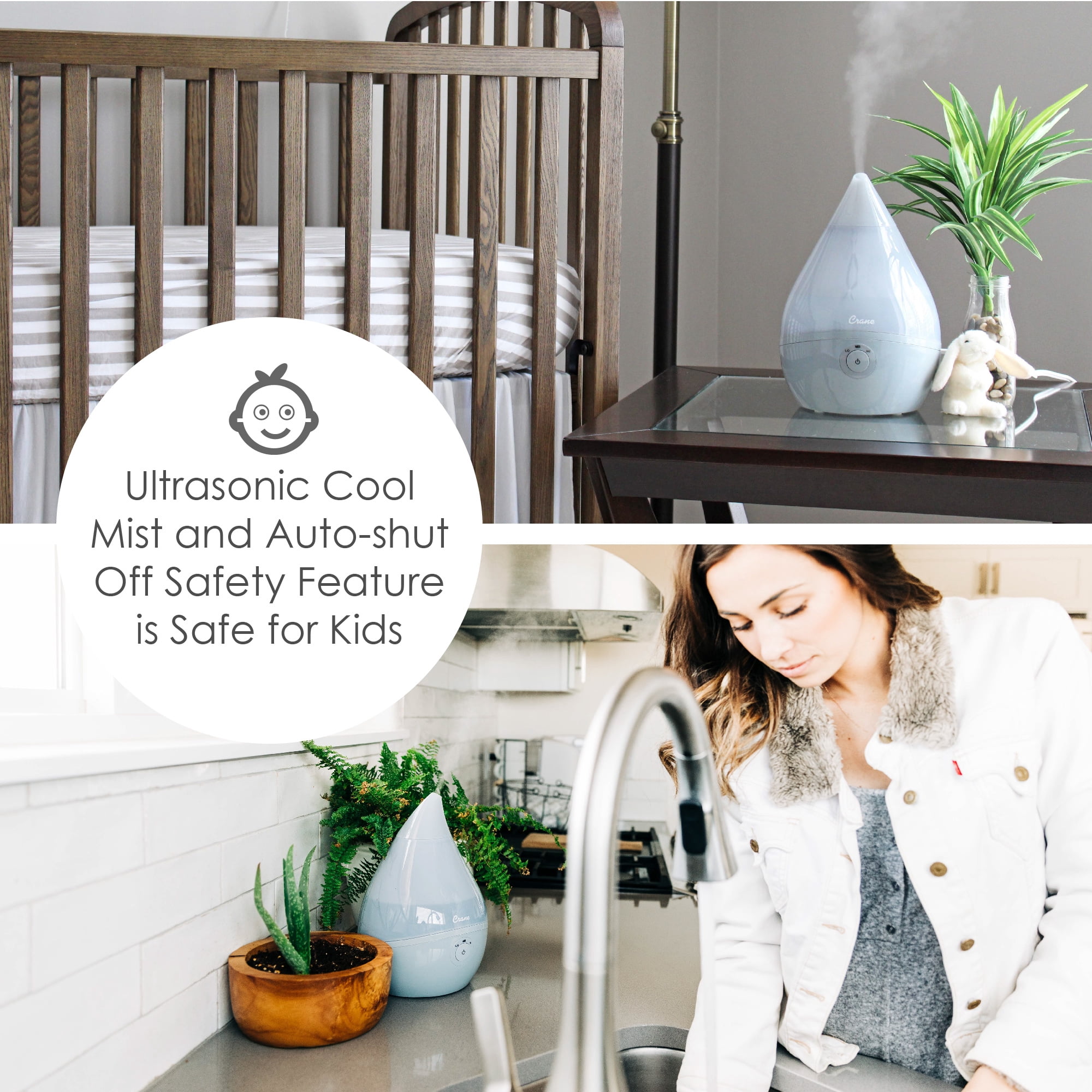 Crane USA Droplet Ultrasonic Cool Mist Humidifier, 0.5 Gallon, 15 Hour Run Time, Optional Vapor Tray, 250 Sq. Ft. Coverage, Gray