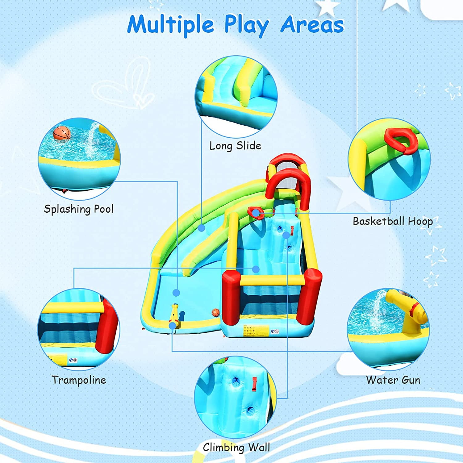 OLAKIDS Inflatable Water Slide, 6 in 1 Bounce House with Slide, Climbing Wall, Splash Pool, Basketball Rim, Water Blaster, Outdoor Water Park Jumping Castle with Carrying Bag, Hose