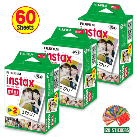 FujiFilm Instax Mini Instant Film 3 Pack (3 x 20) Total of 60 Sheets + 120 Assorted Colorful Mini Photo Stickers - Compatible with FujiFilm Instax Mini 9, Mini 8, Mini 25, Mini 90, Fuji SP-1, (Fuji X20 Best Price)
