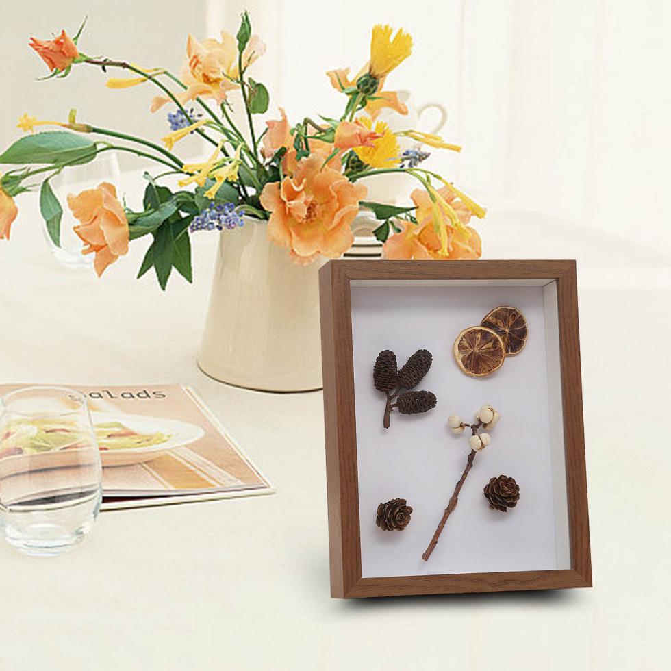 Boîte Vitrine Ombre 6x6 Pouces En Bois Naturel - Pour Bouquet De Mariage, Médailles, Photos - Verre Et Serrure Corne - 4