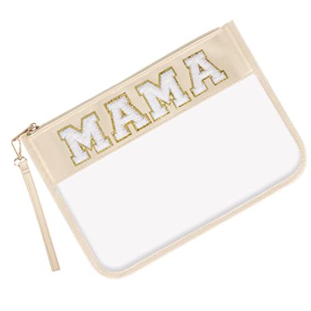 Iqimott Monogram Letter Clear Mama Bag  Chenille Glitter Letter Makeup Cosmetic Bag Patch Zipper Toiletry Pouch  Portable Travel Beach Snack Wristlet Bag for Women Girls(Mama  Beige)