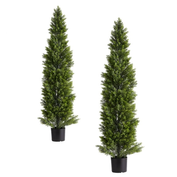 KFFKFF Artificial Topiary Cedar Trees, 60-Inch Set of 2 Faux Pine Shrubs, Realistic-Looking Silk Plants, Simple Assembly for Decorating Porches, Patios, Gardens, Balconies, Backyards, Indoors