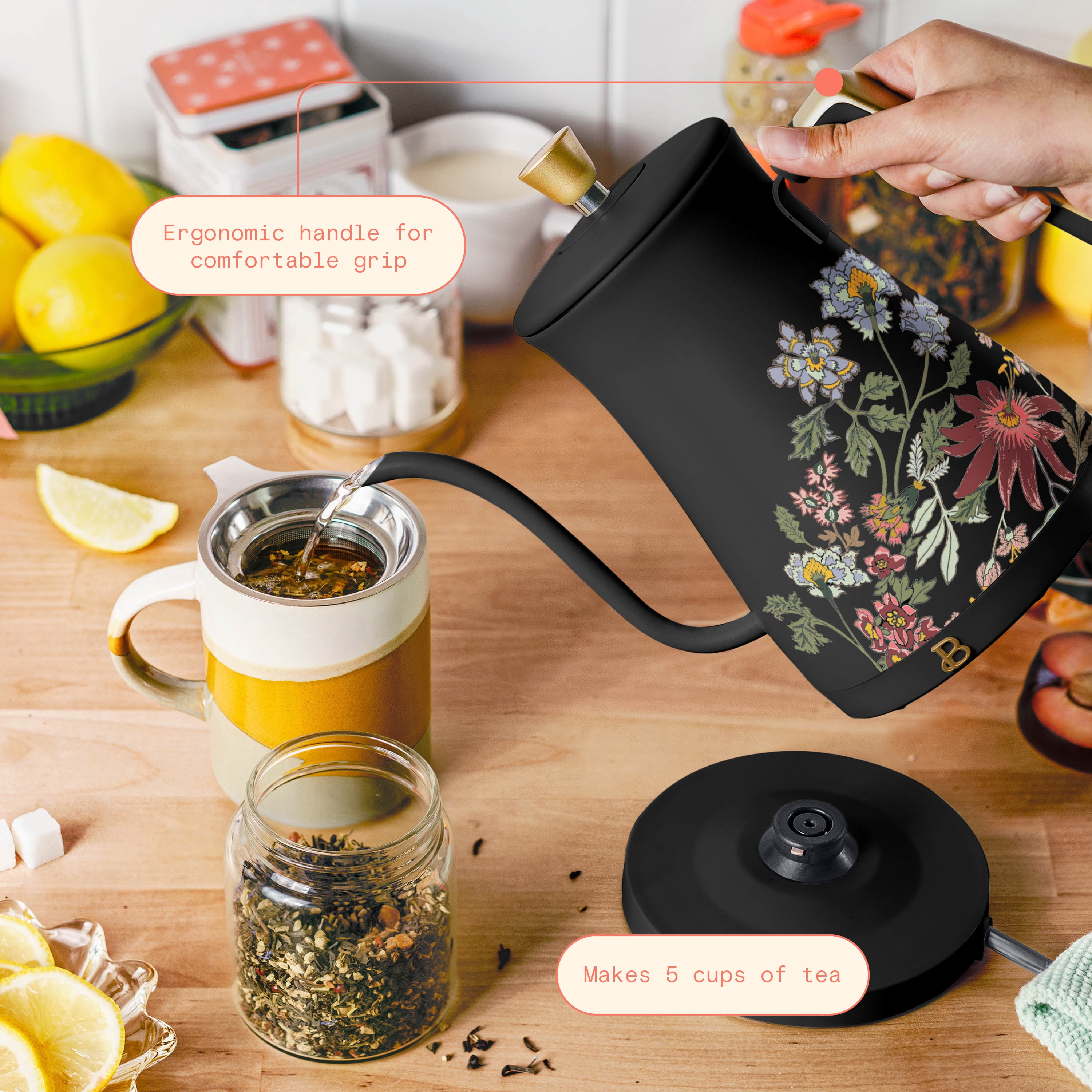 Beautiful 1-Liter Electric Gooseneck Kettle 1200 W, Wildflower Black Sesame by Drew Barrymore