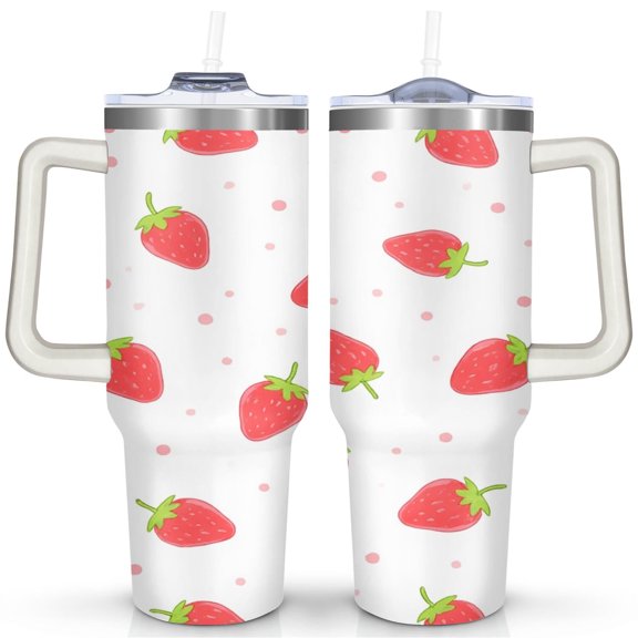 Strawberry Cute 40 Oz Tumbler with Handle Lid and Straw, Stainless Steel Double Walled Vacuum Insulated Cup, Cute Anniversary Wedding Birthday Gifts Tumbler for Women Men Friends Outdoor Indoor