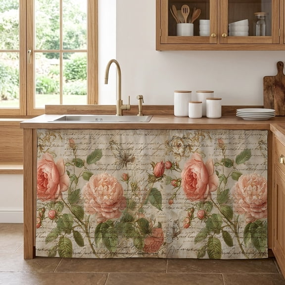 Vintage Spring Floral Cabinet Curtains for Kitchen 32"W x 55"L, Pink Rose Rustic Botanical Letter Pantry Curtain Skirt Magic Tape Short Curtains Decor Privacy Panel for Utility Closet Bathroom