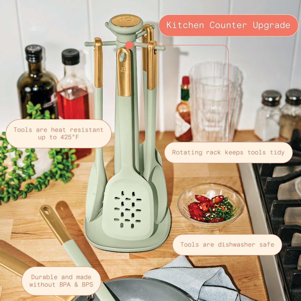 Beautiful 6-Piece Silicone Kitchen Utensil Tool Set with Rotating Rack, Sage Green by Drew Barrymore