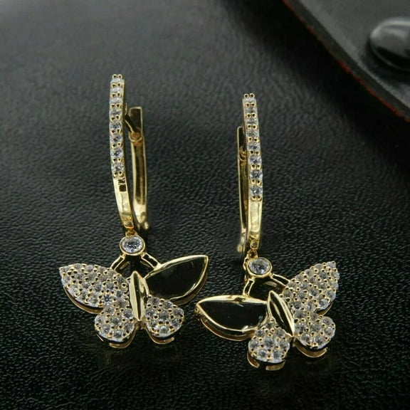 Sparkle Jewels Women Butterfly Earring 14k Yellow Gold Finish Round Cut Cubic Zirconia 2ct