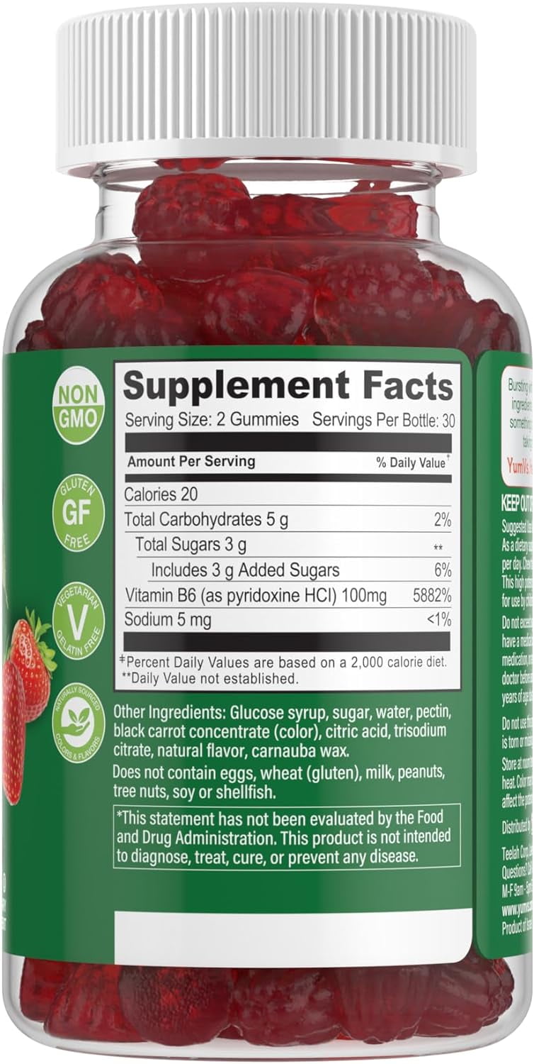 YUM-V'S 100mg Vitamin B6 Gummies Health Supplement for Nerve Function, Strawberry, 60 Count, 2-Pack