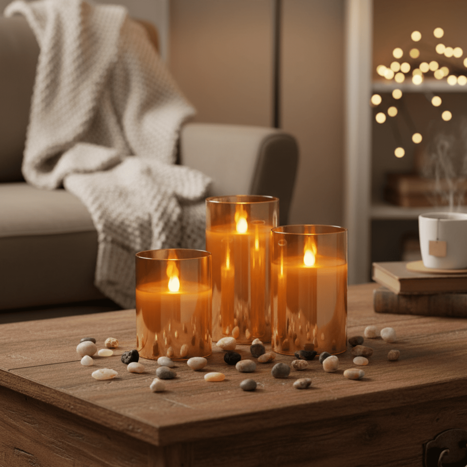 WYZworks LED Metallic Mirrored Tinted Gold Glass Flickering Dimmable Flameless Candles - Set of 3 with Remote Control