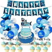 VINNED Beautiful Shark Theme Party Supplies Birthday Flags Cake Inserts Balloon Set Birthday Supplies Decoration