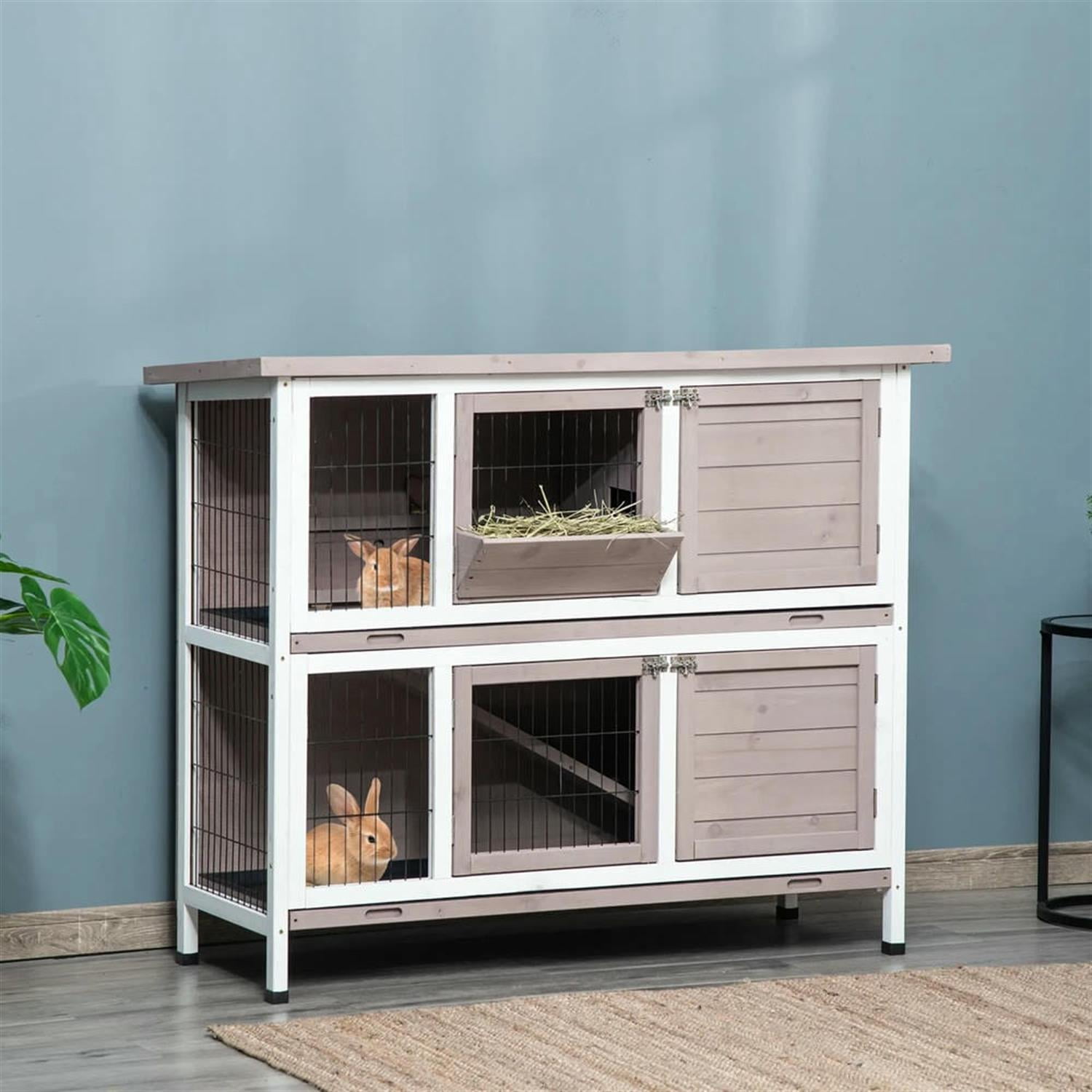 Kadyn 48" 2-Story Wooden Rabbit Hutch with Slide-out Tray, Outdoor Small Animal Habitat Enclosure Bunny Cage for Bunnies, Guinea Pigs, Gray