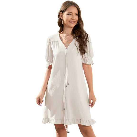 Women Summer Tunic Dress V Neck Short Sleeve Loose Flowy Swing Babydoll Shift Dresses with Pockets