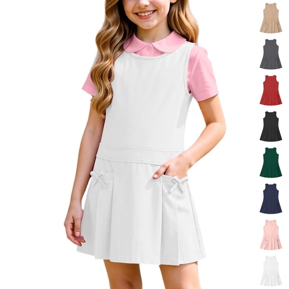 Bigetiay Girls Uniform Dress Classic Sleeveless Crew Neck Jumper Dress A-Line Uniform Dress with Pockets Back to School Dress Size 3-4 Years