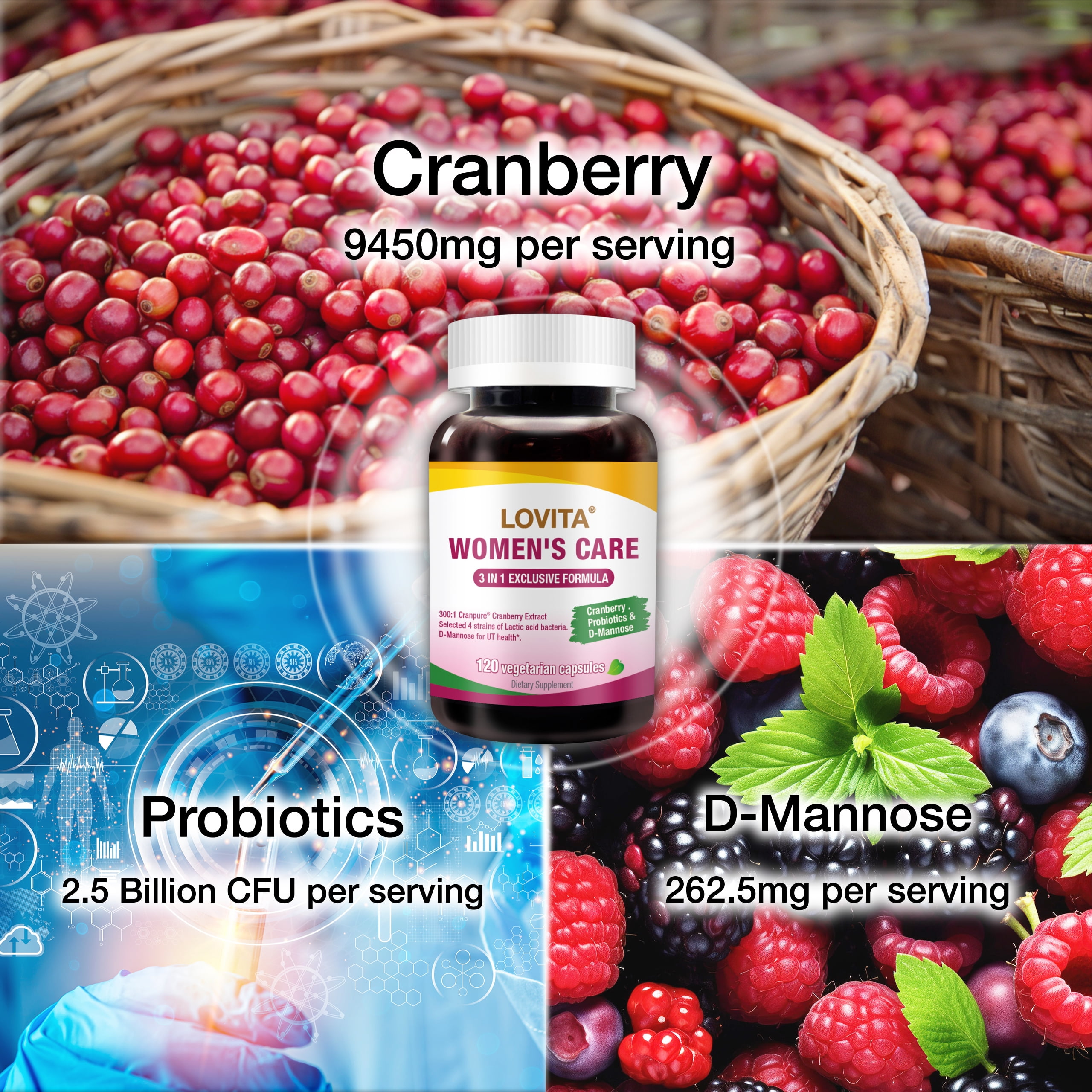 Lovita Women's Care Supplement with D-Mannose, Cranberry & Probiotics - Support UT Health - 120 Vegan Capsules