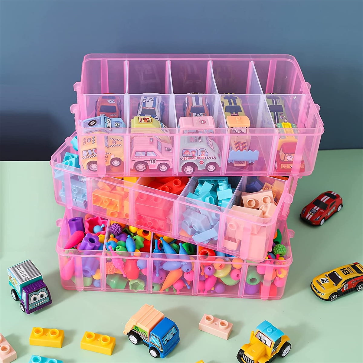 Casewin 3-Tier 30 Sections Transparent Stackable Adjustable Compartment Slot Plastic Craft Storage Box Organizer For Toy Desktop Jewelry Accessory Drawer Or Kitchen(Pink)
