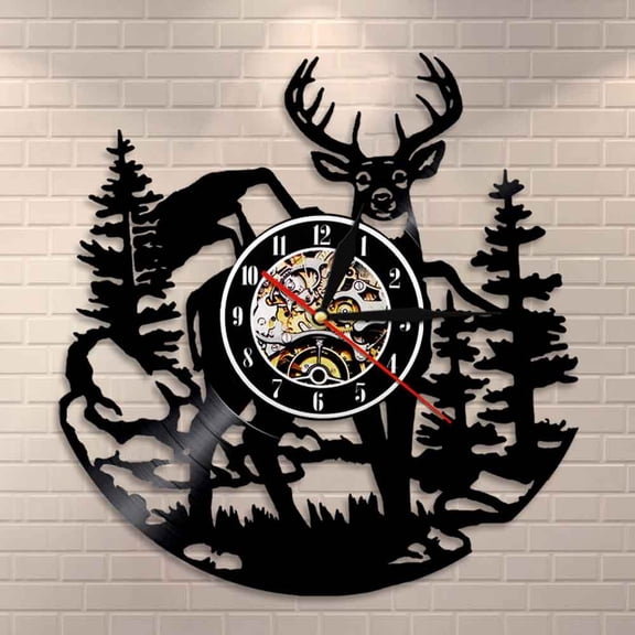 YanGxx Birch Tree Forest Deer Wall Art Woodlands Buck Wall Decor Vinyl Record Clock Mancave Hunting Club Animals Vintage Wall Clock