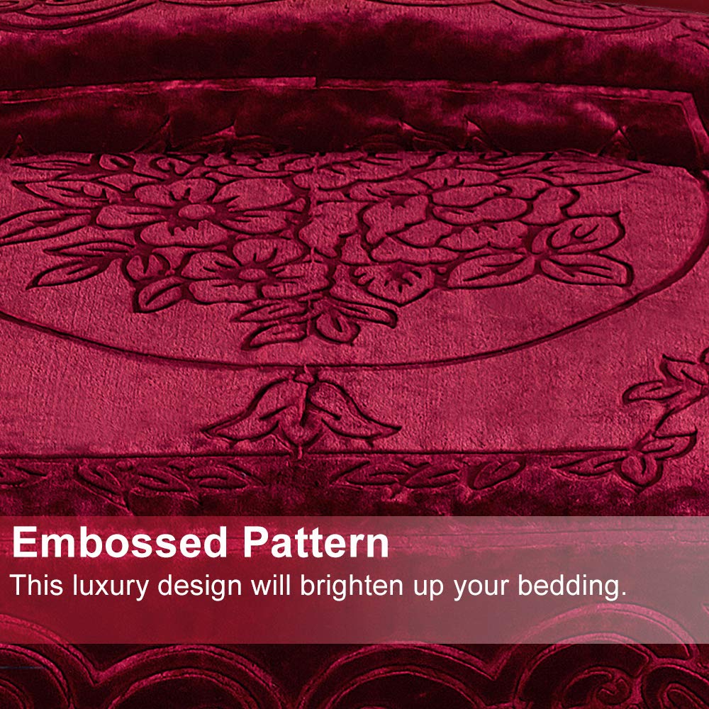 Heavy Thick Fleece Blanket King Size, 9lbs,1 Ply Silky Soft Warm Flower Embossed Raschel Winter Blanket, Minky Soft Plush Blanket for Sofa Bed, 85"x95", Burgundy