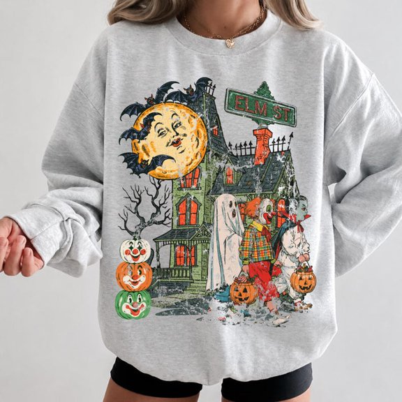 Vintage Halloween Sweatshirt Retro 90s Halloween Haunted House Crewneck Trendy Fall Sweatshirt Cute Pumpkin Crewneck Halloween Ghost Sweater